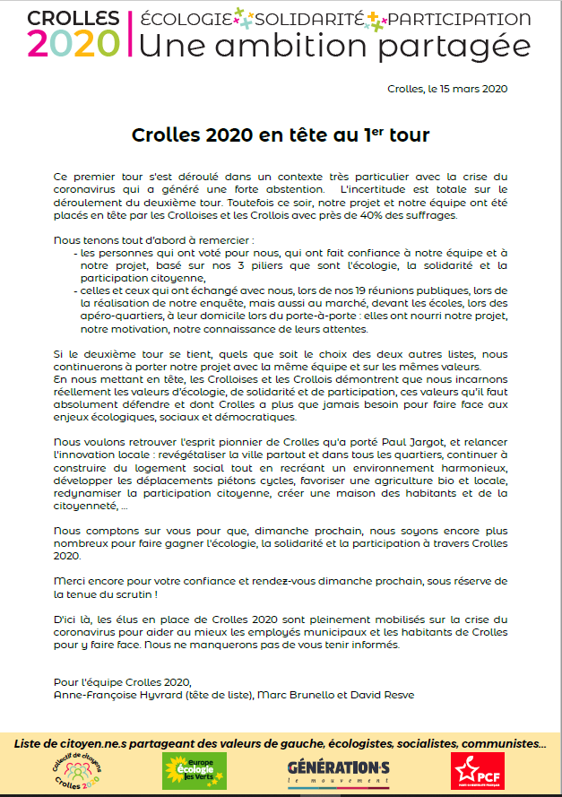 Communiqué de Crolles 2020 suite au 1er tour